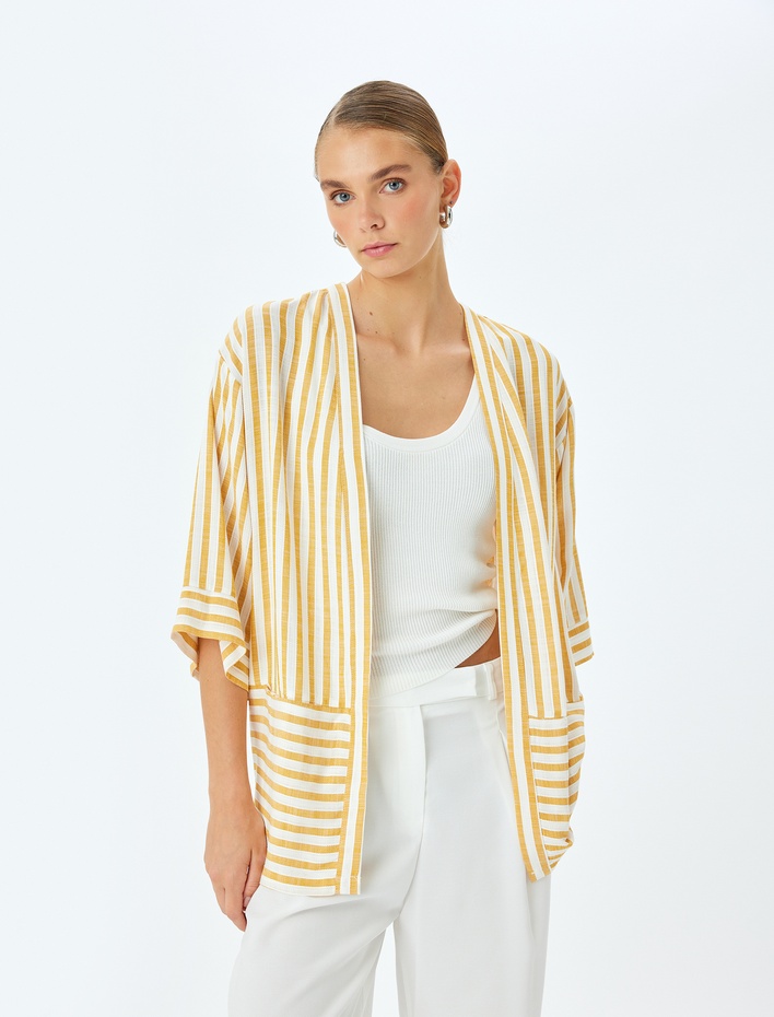 3/4 Geniş Kol Cepli Çizgili Viskon Kimono