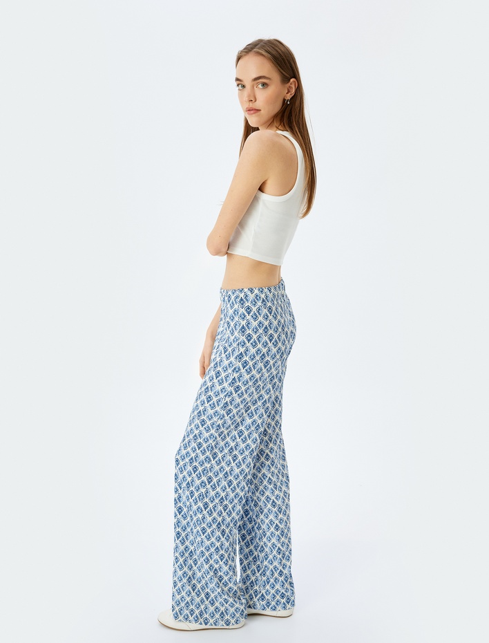  Beli Bağcıklı Yüksek Bel Bol Paça Bürümcük Rahat Kalıp Pantolon