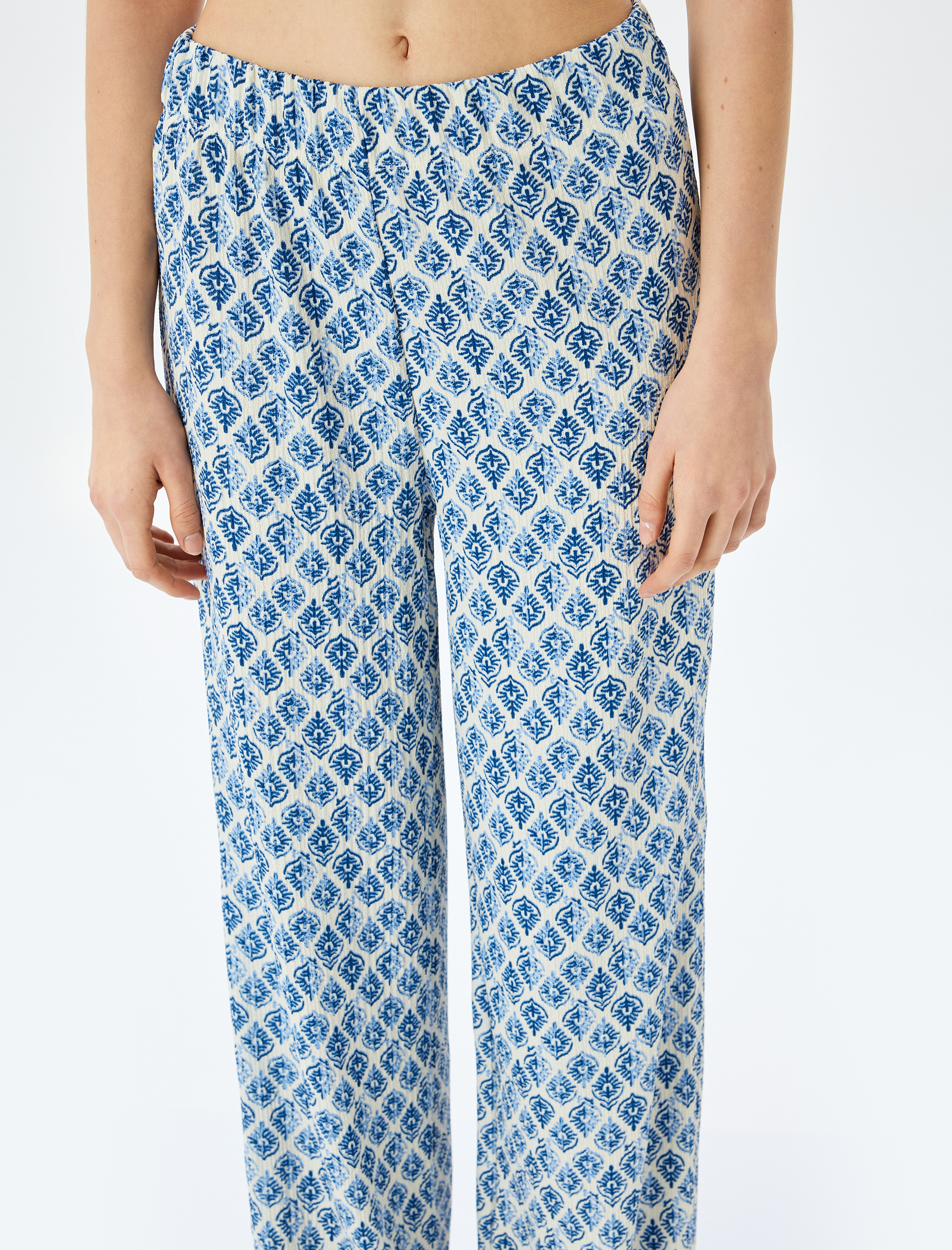   Beli Bağcıklı Yüksek Bel Bol Paça Bürümcük Rahat Kalıp Pantolon