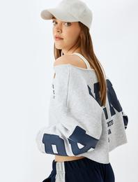 Şardonlu Arkası Baskılı Kayık Yaka Crop Oversize Sweatshirt