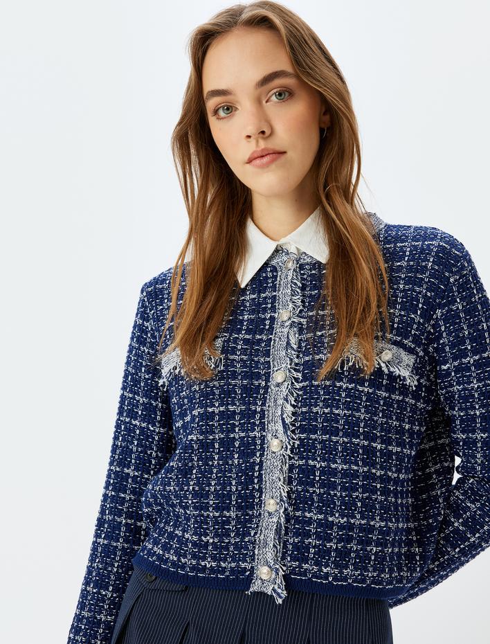  Cep Detaylı Düğmeli Bisiklet Yaka Tüvit Hırka