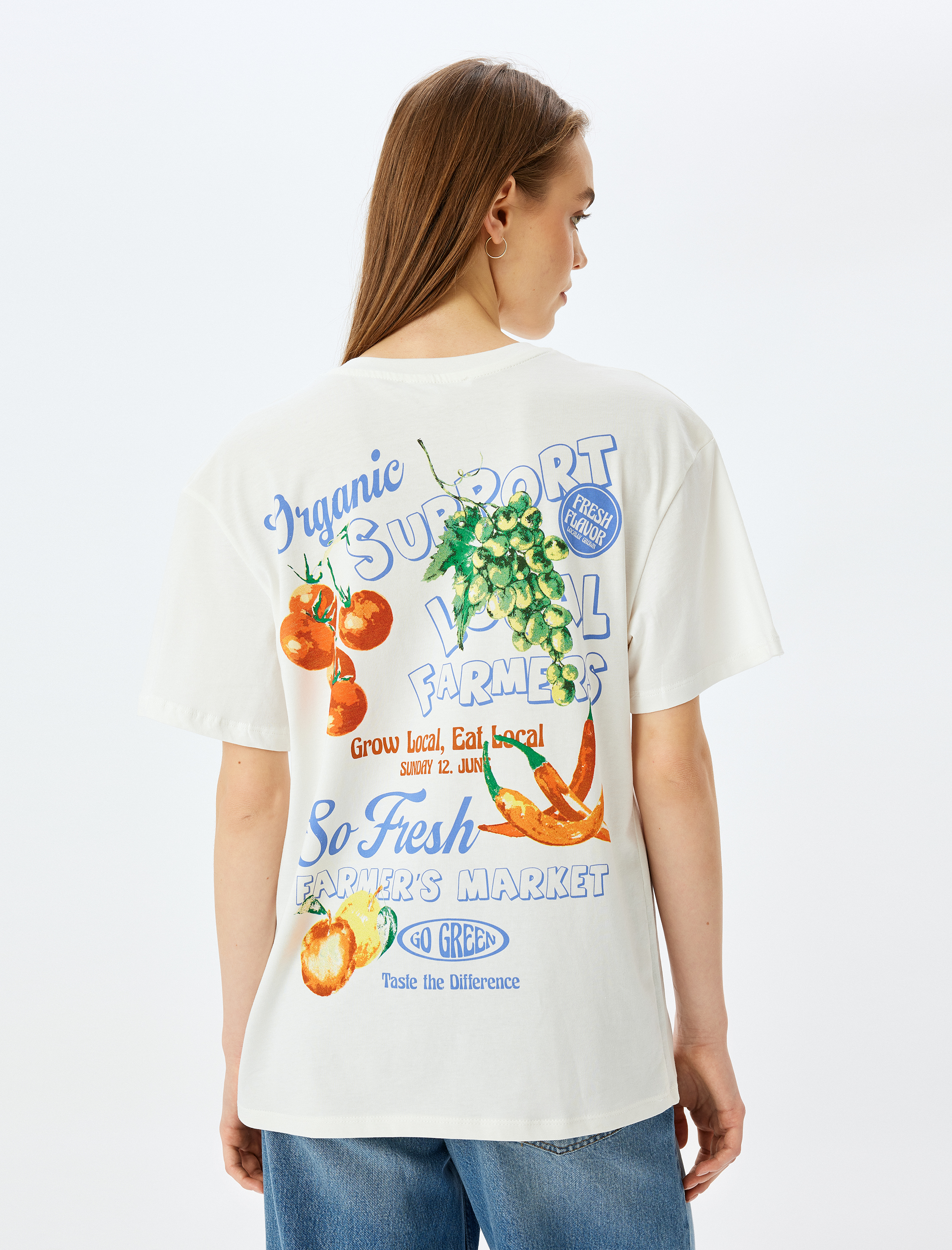   Arkası Meyve ve Sebze Baskılı Bisiklet Yaka Kısa Kollu Uzun Oversize Tişört