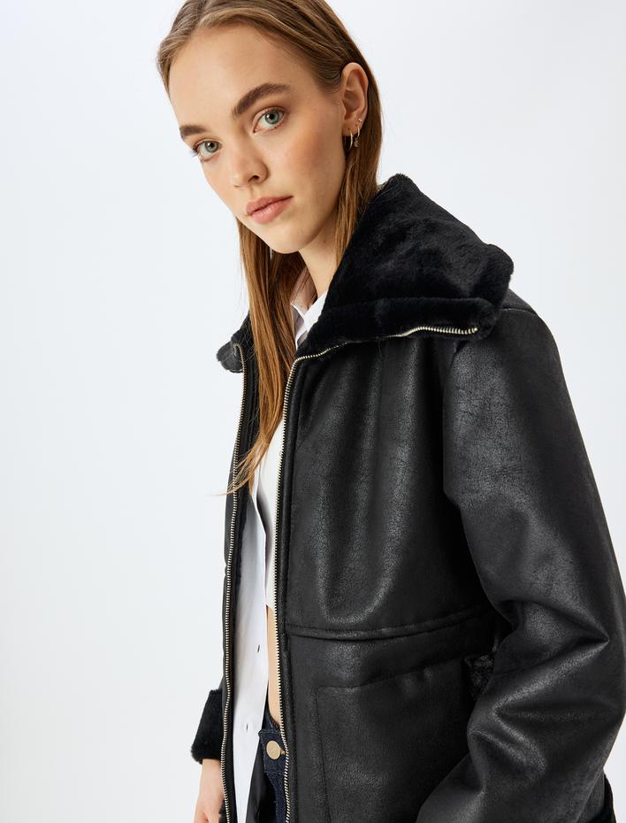  Suni Kürk Yaka Deri Görünümlü Fermuarlı Ceket
