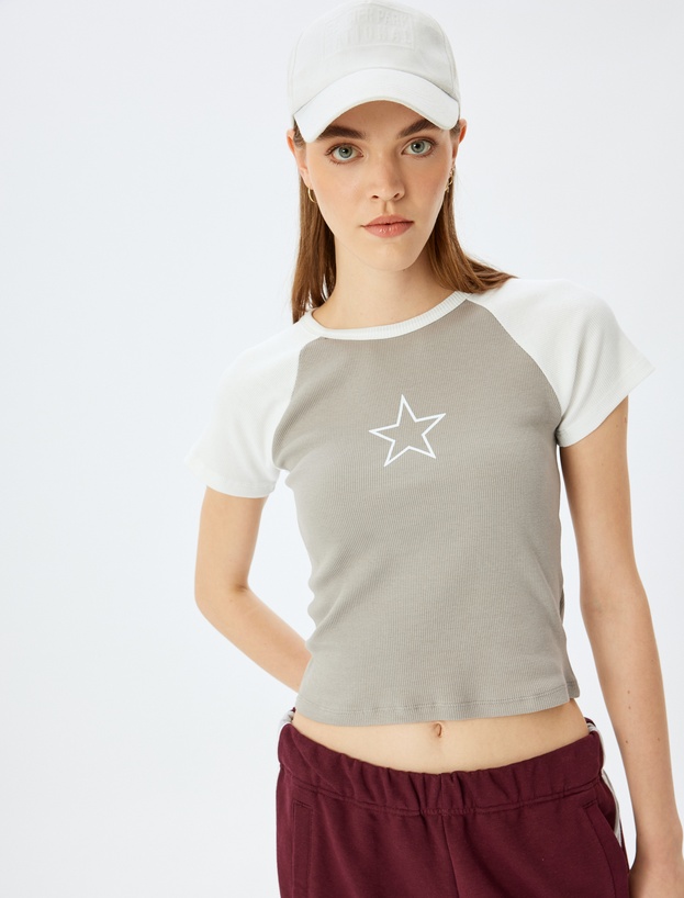 Yıldız Baskılı Reglan Kollu Bisiklet Yaka Kaşkorse Slim Fit Tişört_0