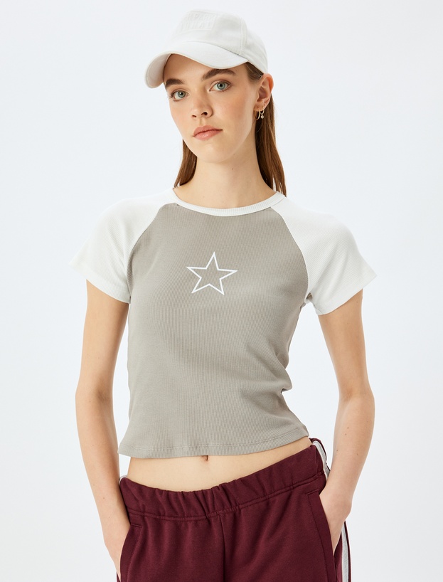 Yıldız Baskılı Reglan Kollu Bisiklet Yaka Kaşkorse Slim Fit Tişört_2