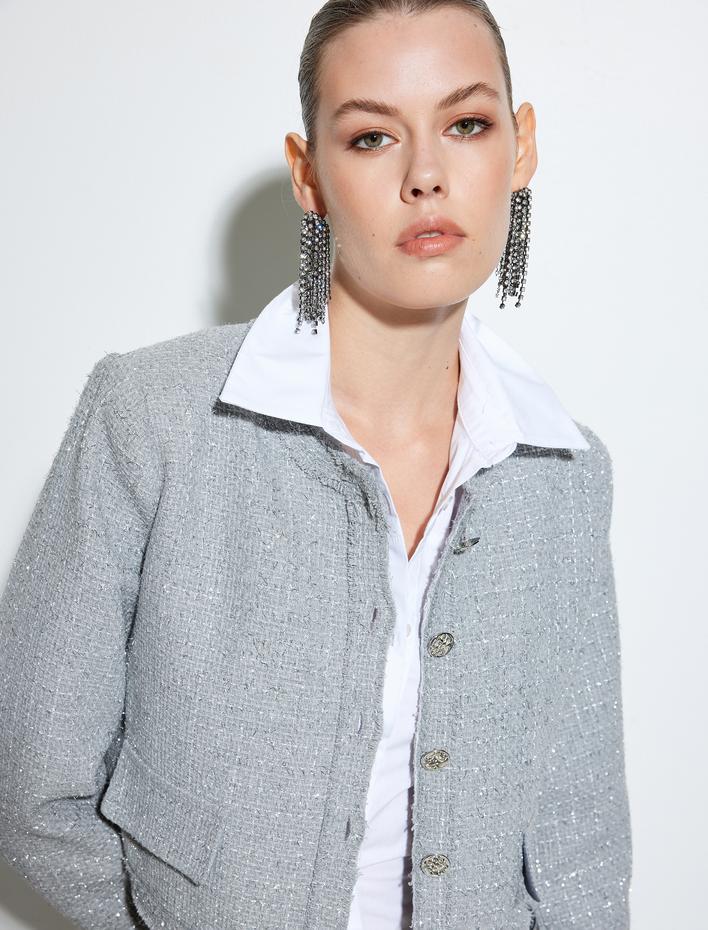  Tüvit Crop Ceket Yuvarlak Yaka Düğmeli Cepli