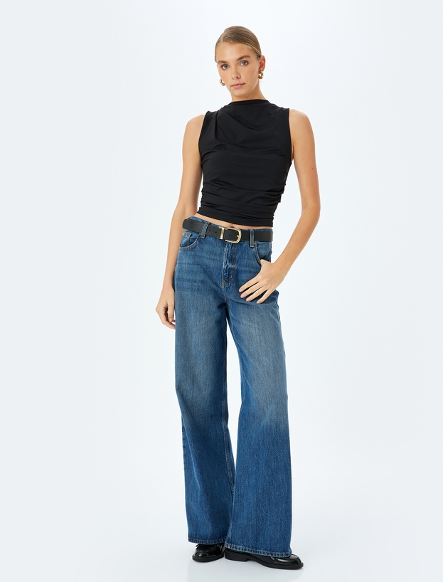 Asimetrik Hafif Dik Yaka Drapeli Slim Fit Kolsuz Bluz_0