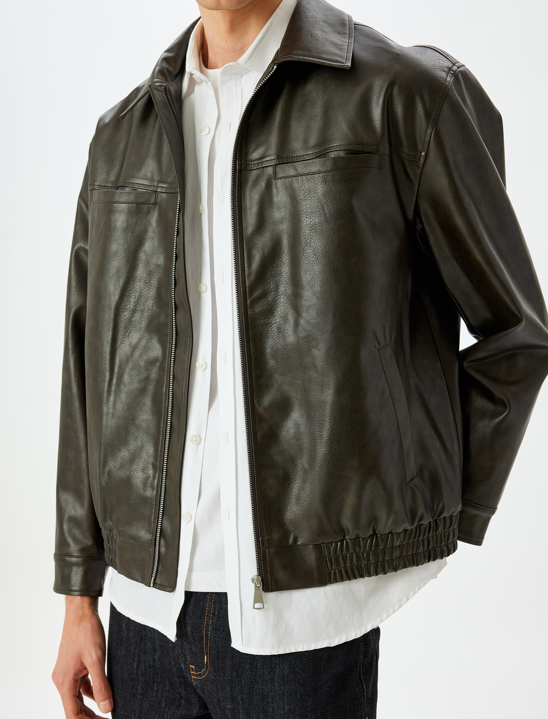 Viskon Karışımlı Cep Detaylı Fermuarlı Suni Deri Ceket