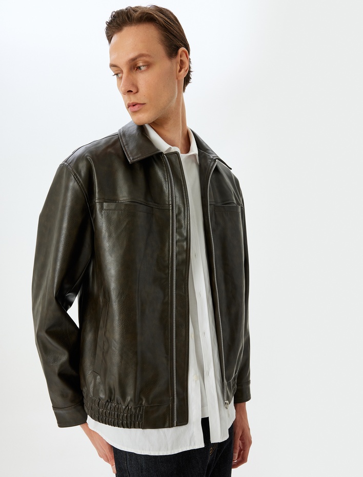  Viskon Karışımlı Cep Detaylı Fermuarlı Suni Deri Ceket