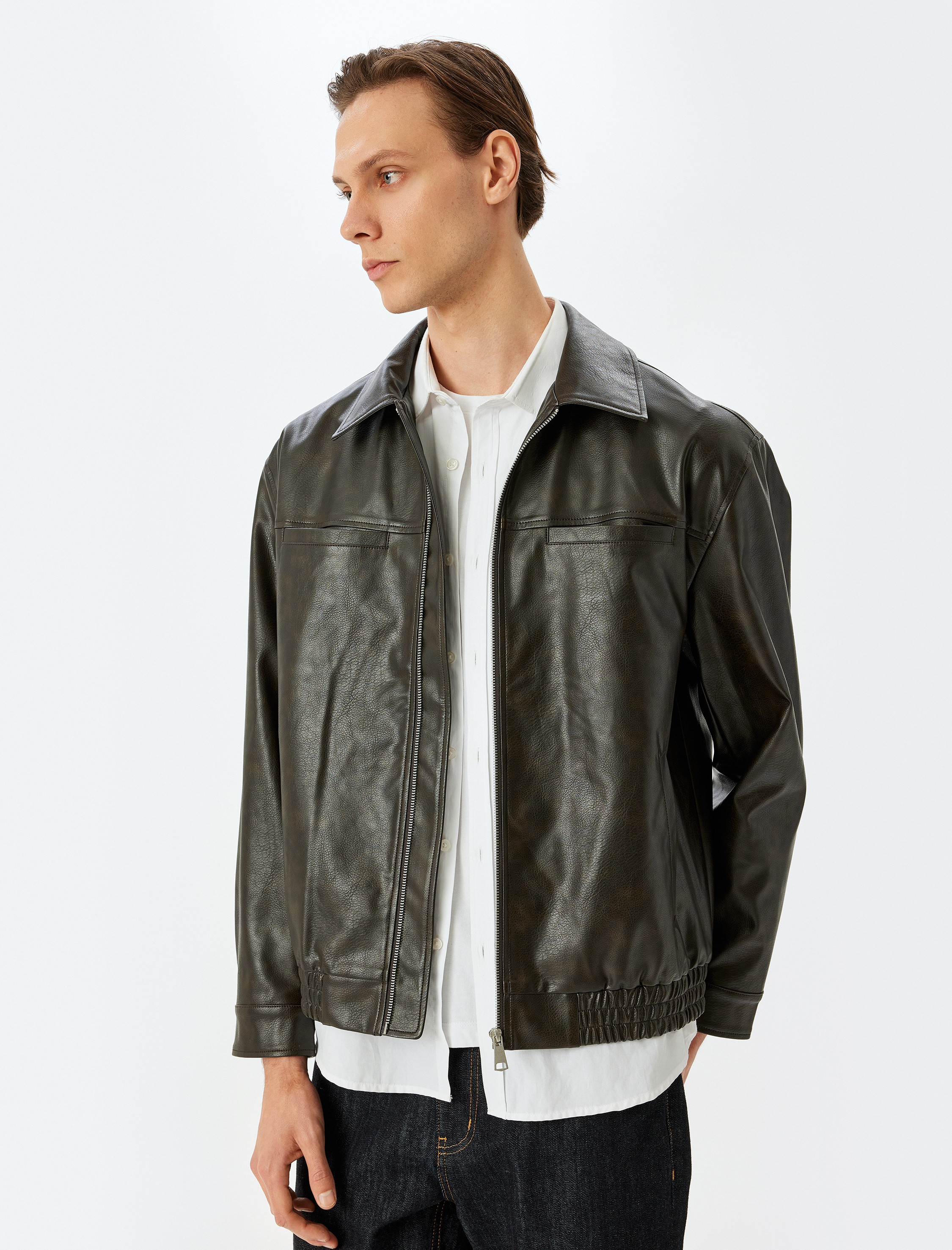 Viskon Karışımlı Cep Detaylı Fermuarlı Suni Deri Ceket