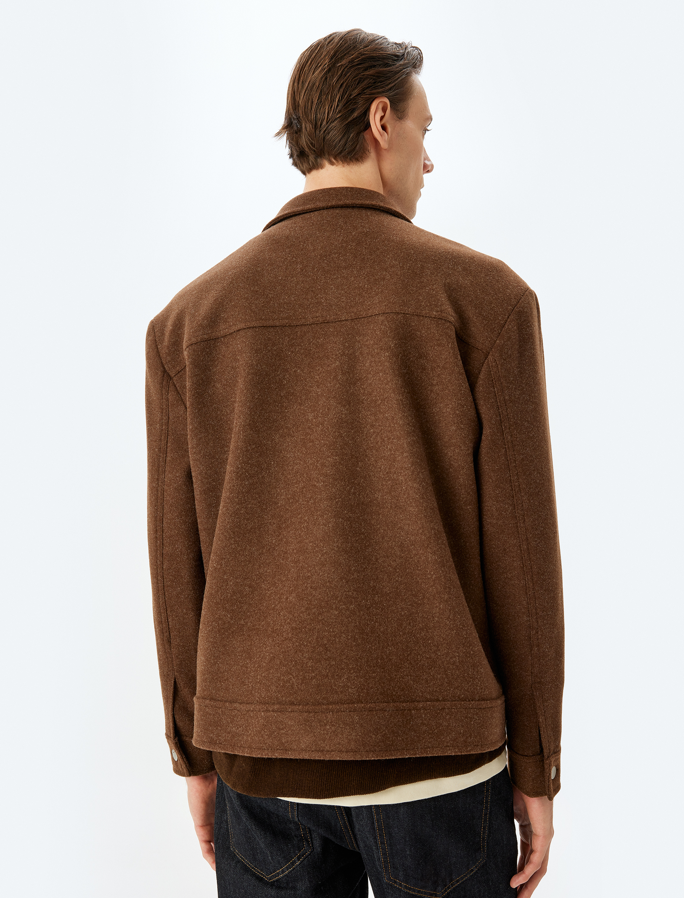   Uzun Kollu Viskon Karışımlı Kapaklı Cep Detaylı Kaşe Ceket