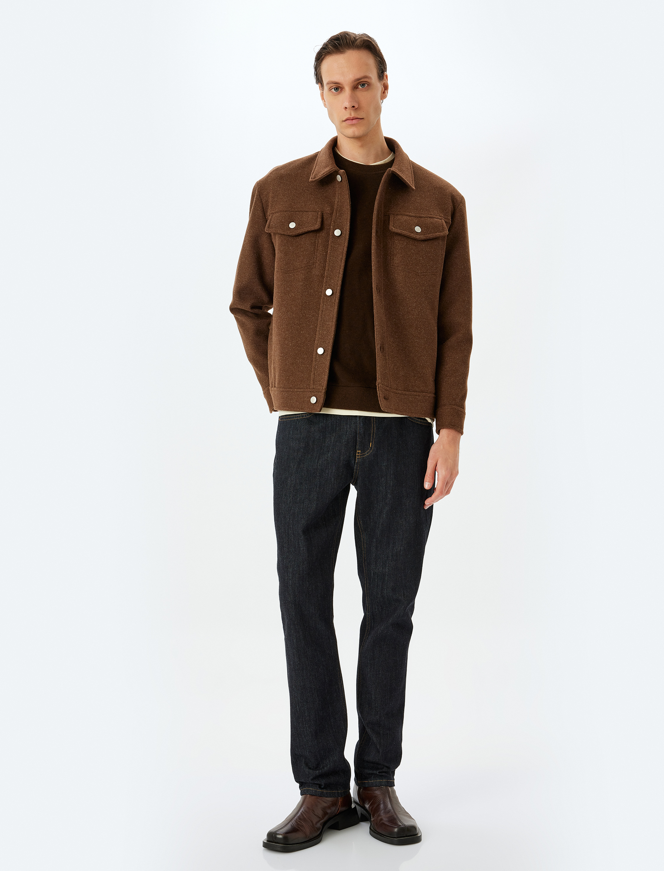   Uzun Kollu Viskon Karışımlı Kapaklı Cep Detaylı Kaşe Ceket