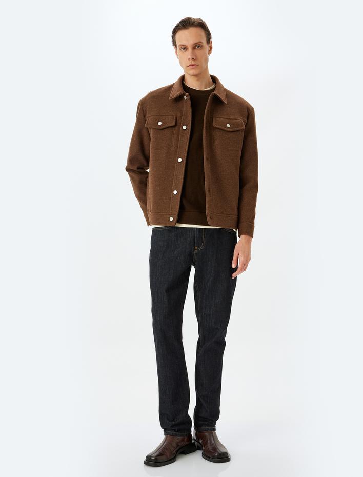  Uzun Kollu Viskon Karışımlı Kapaklı Cep Detaylı Kaşe Ceket