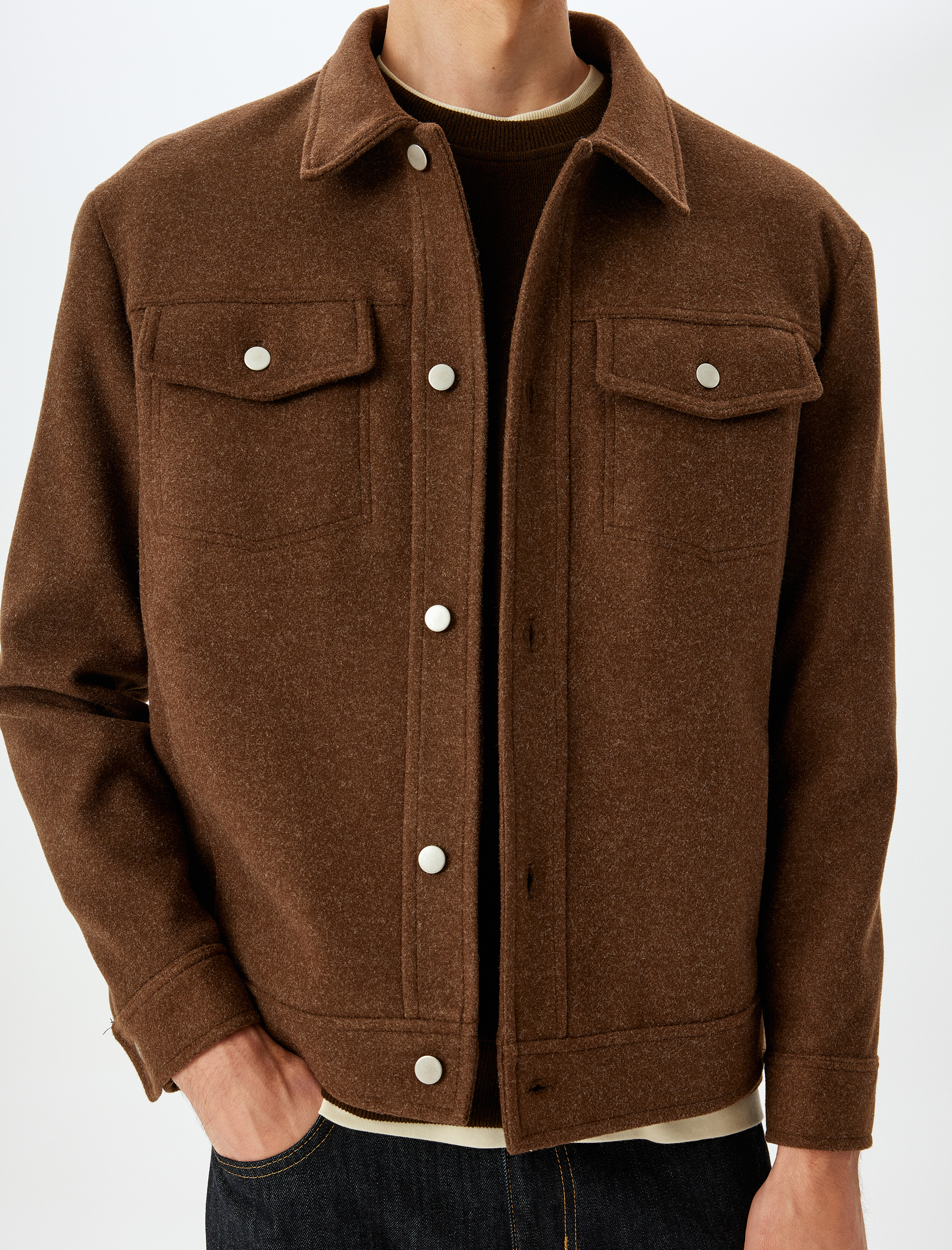   Uzun Kollu Viskon Karışımlı Kapaklı Cep Detaylı Kaşe Ceket