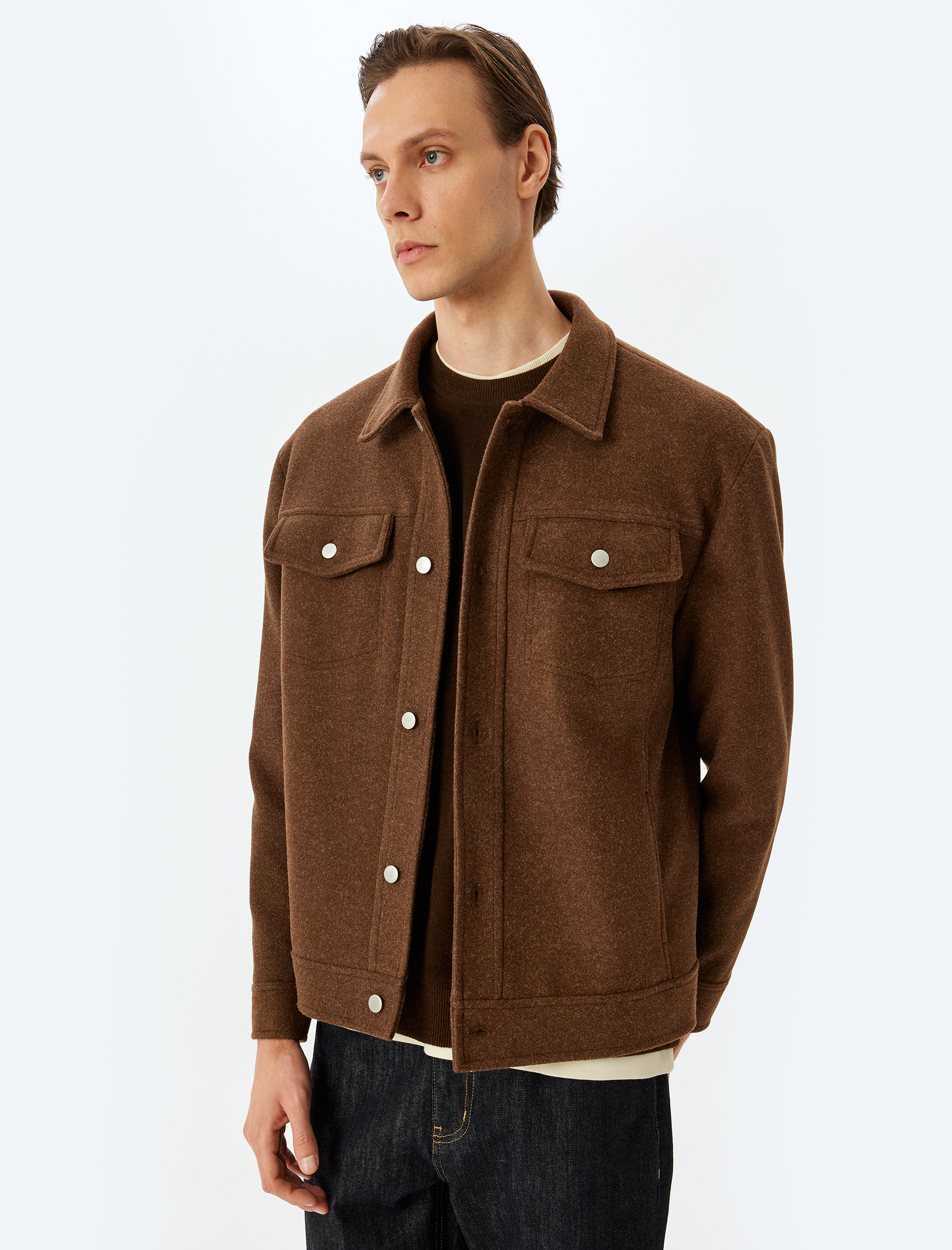   Uzun Kollu Viskon Karışımlı Kapaklı Cep Detaylı Kaşe Ceket