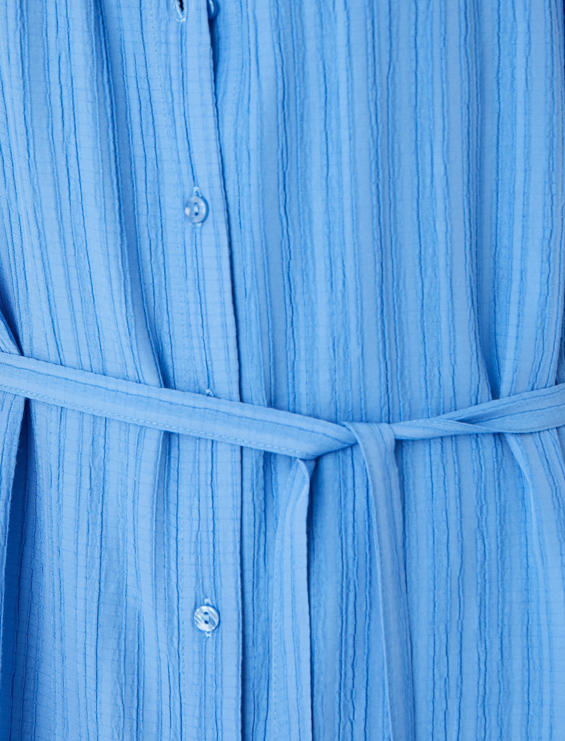   Yuvarlak Yaka Kolsuz Kuşaklı Dokulu Uzun Gömlek Elbise