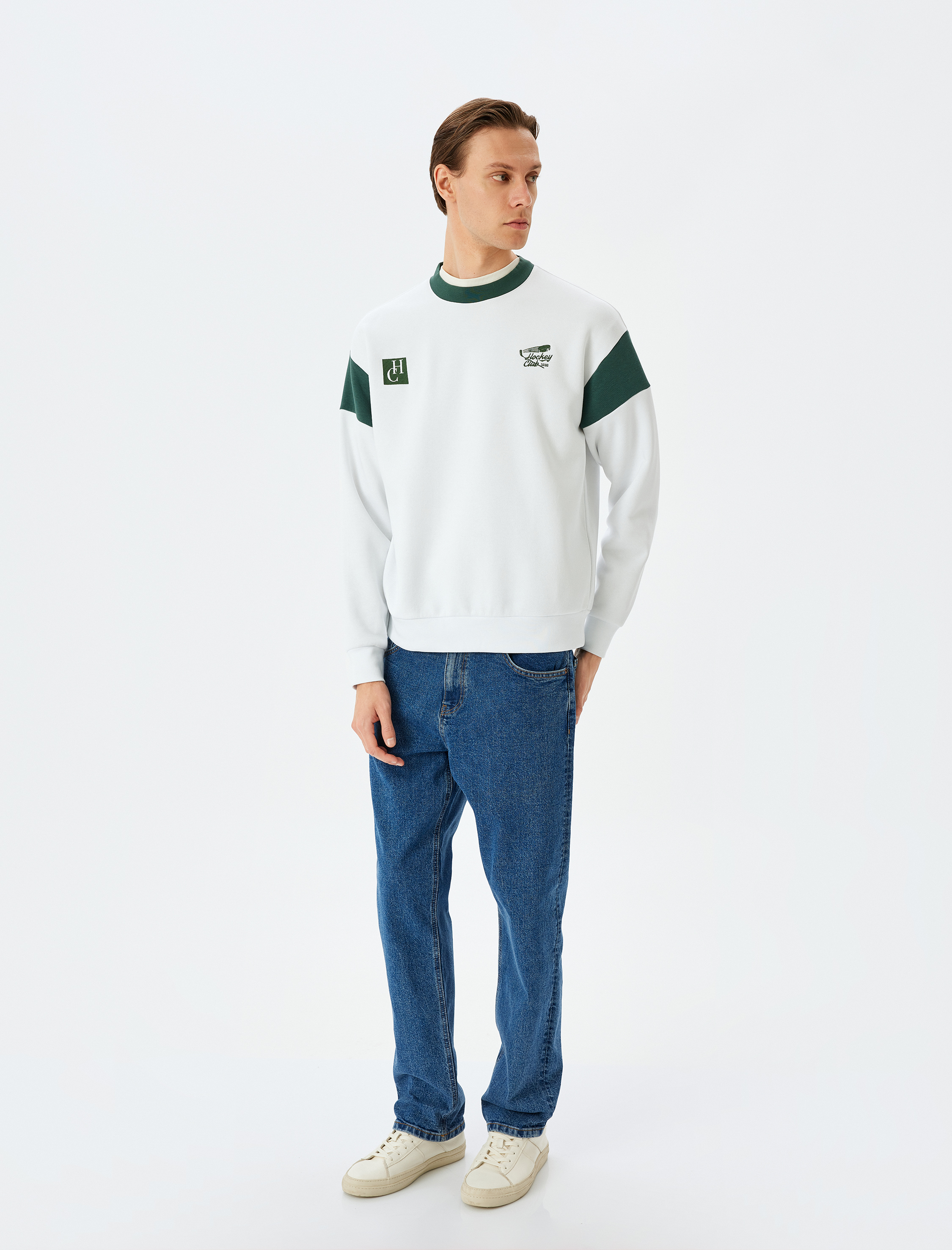   İşlemeli Renk Bloklu Pamuk Karışımlı Şardonlu Bisiklet Yaka Sweatshirt