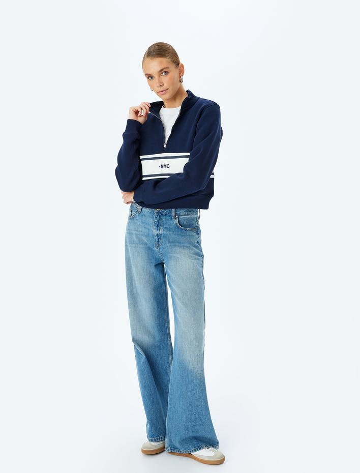  Uzun Kollu Renk Bloklu Yarım Fermuarlı Sweatshirt