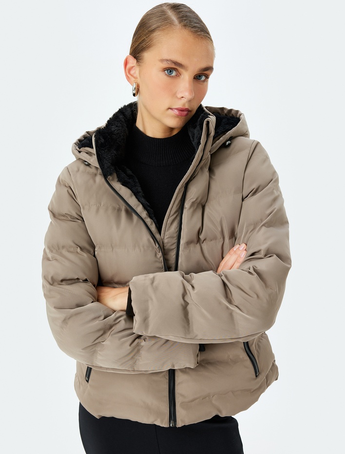  Cepli Fermuarlı Peluş Astarlı Kapüşonlu Şişme Mont