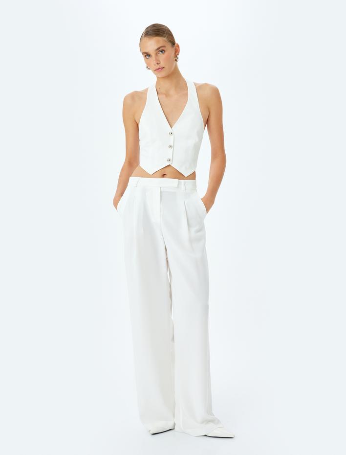  Krep Kumaş Cepli Yüksek Bel Geniş Paça Kumaş Pantolon