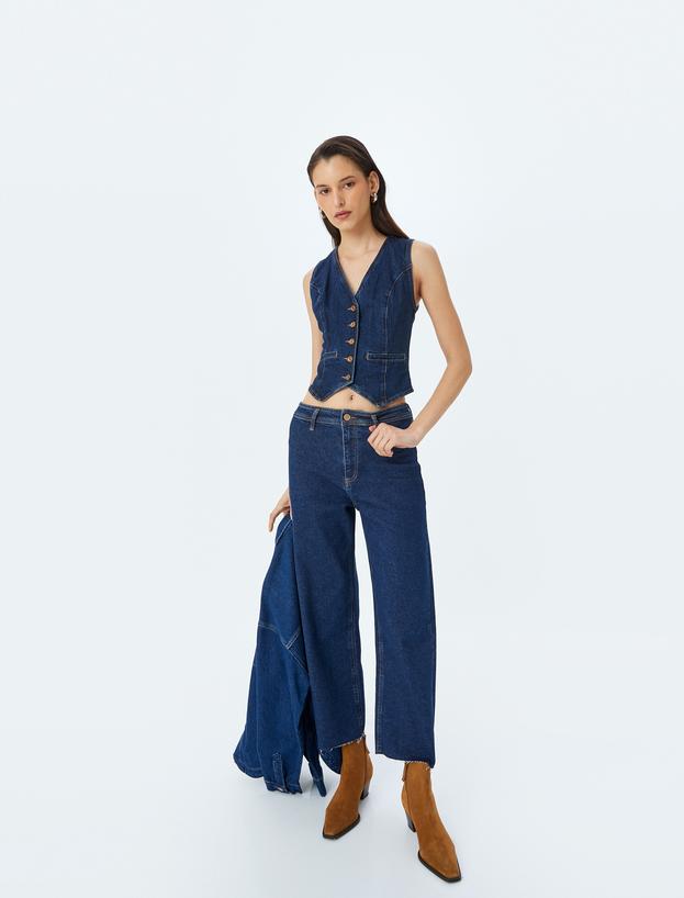 Geniş Kesik Paça Düğmeli Normal Bel Kot Pantolon - Culotte Jean_1