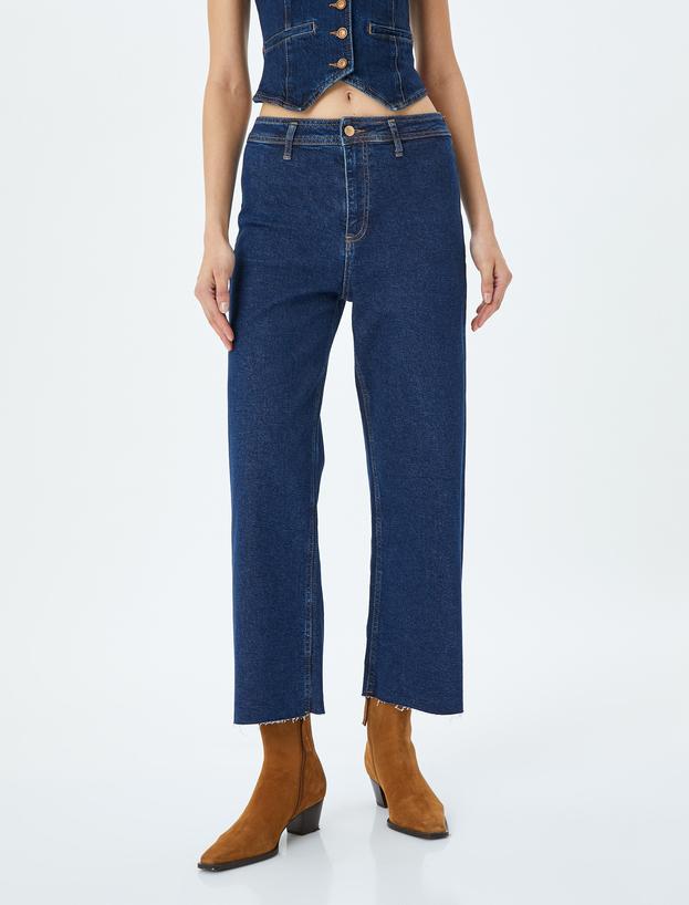 Geniş Kesik Paça Düğmeli Normal Bel Kot Pantolon - Culotte Jean_2