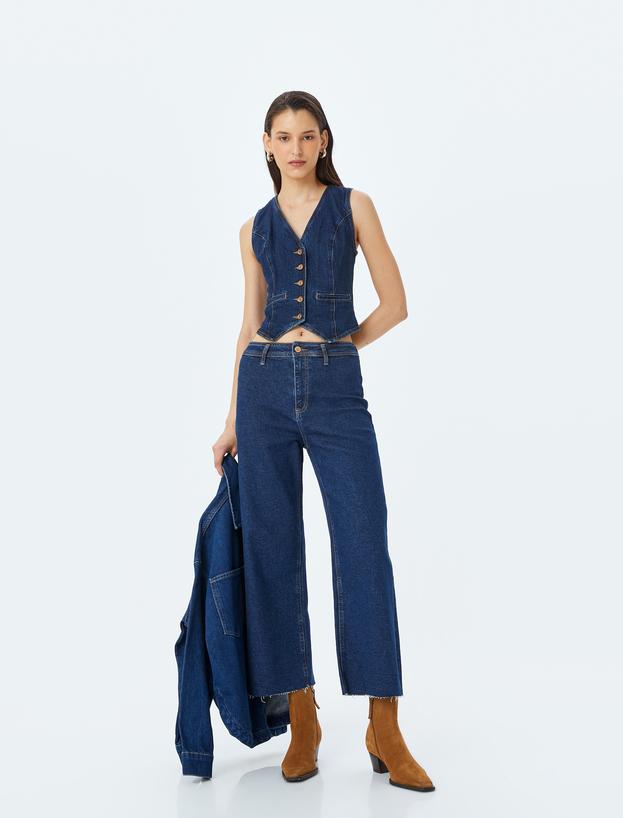 Geniş Kesik Paça Düğmeli Normal Bel Kot Pantolon - Culotte Jean_0
