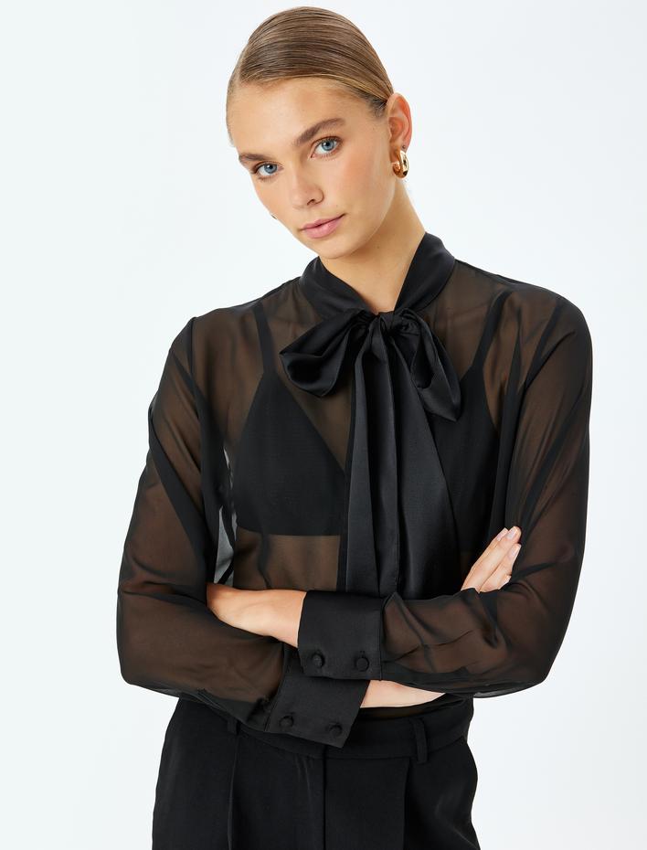  Uzun Kollu Fular Yaka Transparan Şifon Bluz