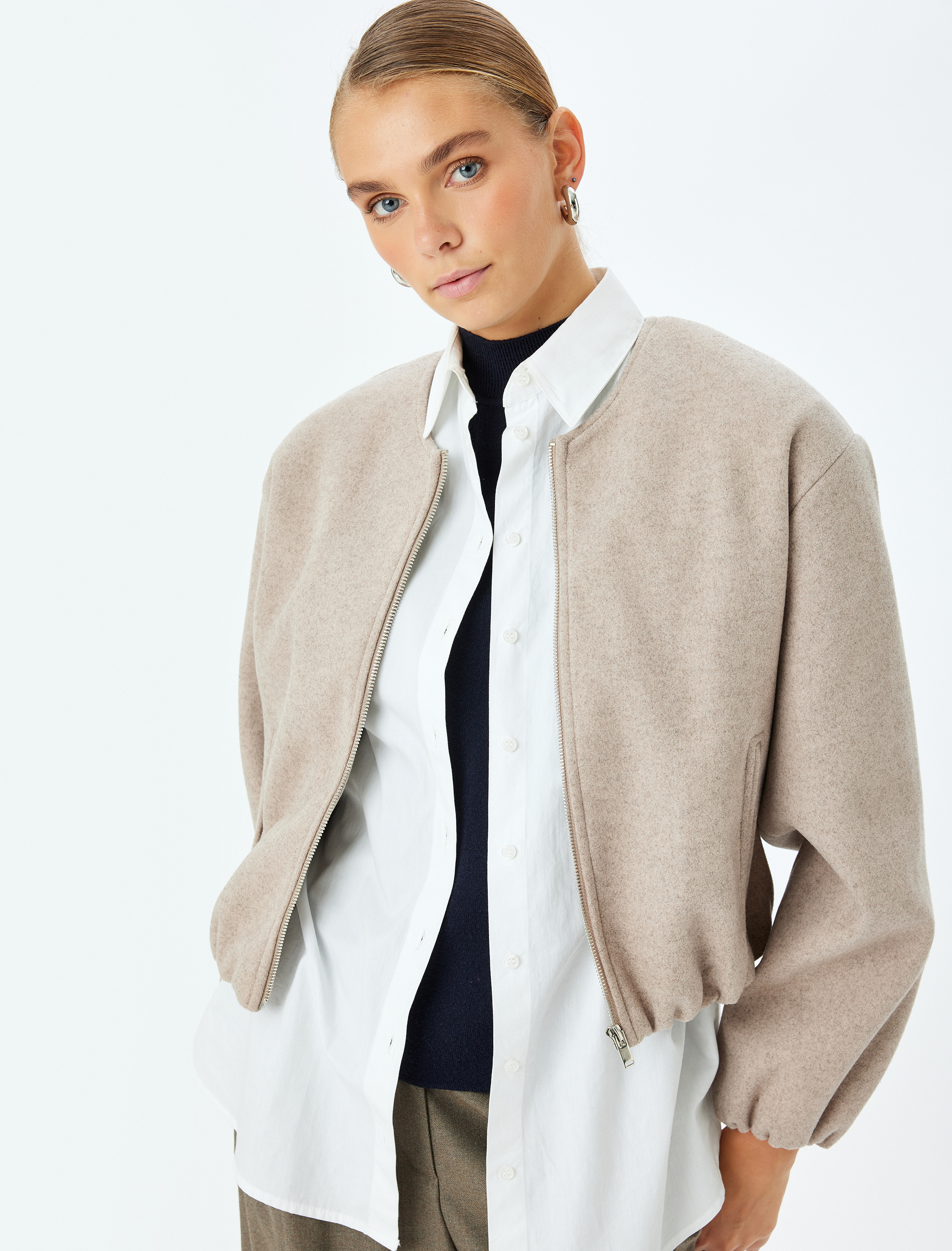   Crop Kolej Bomber Ceket Yuvarlak Yaka Fermuarlı