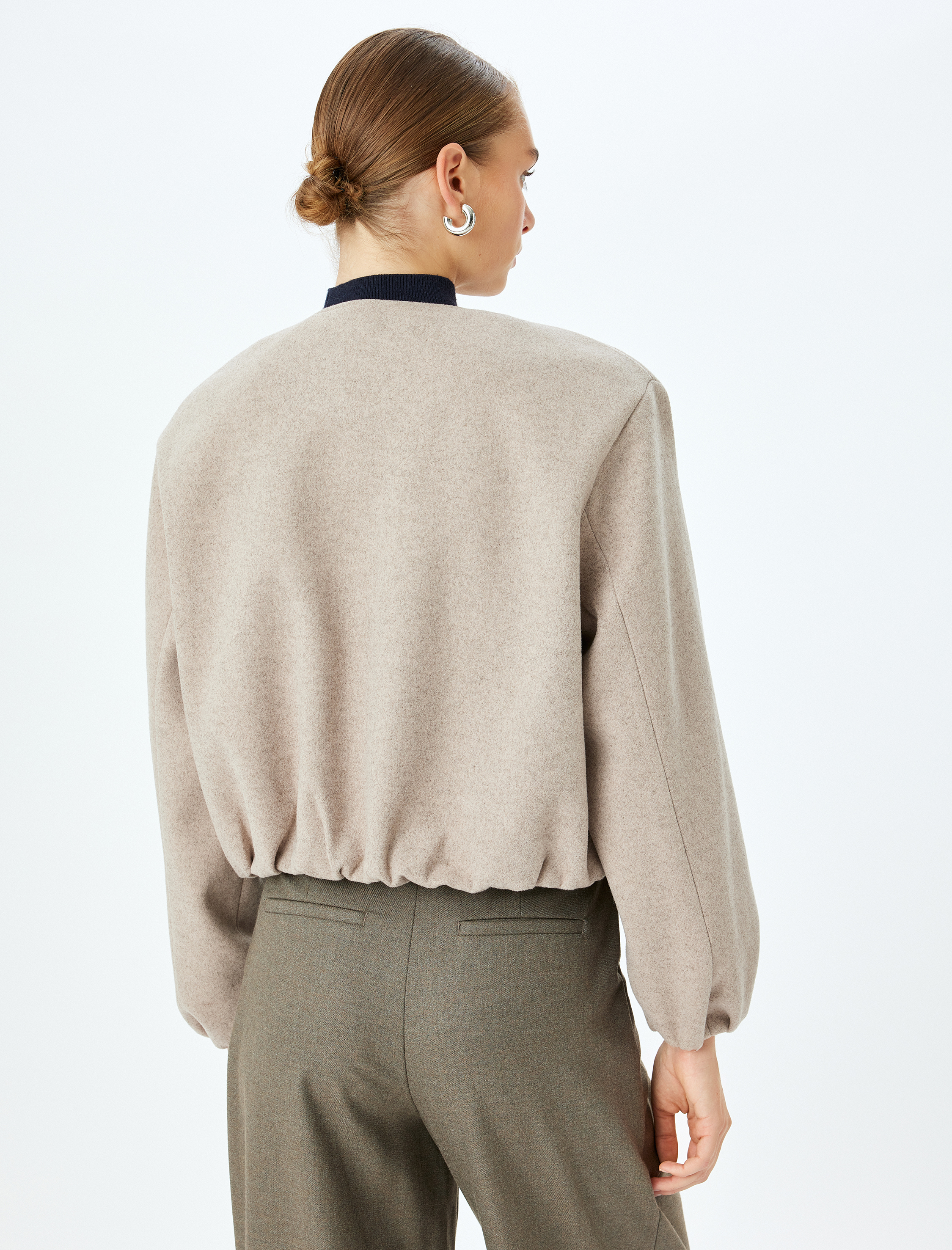   Crop Kolej Bomber Ceket Yuvarlak Yaka Fermuarlı