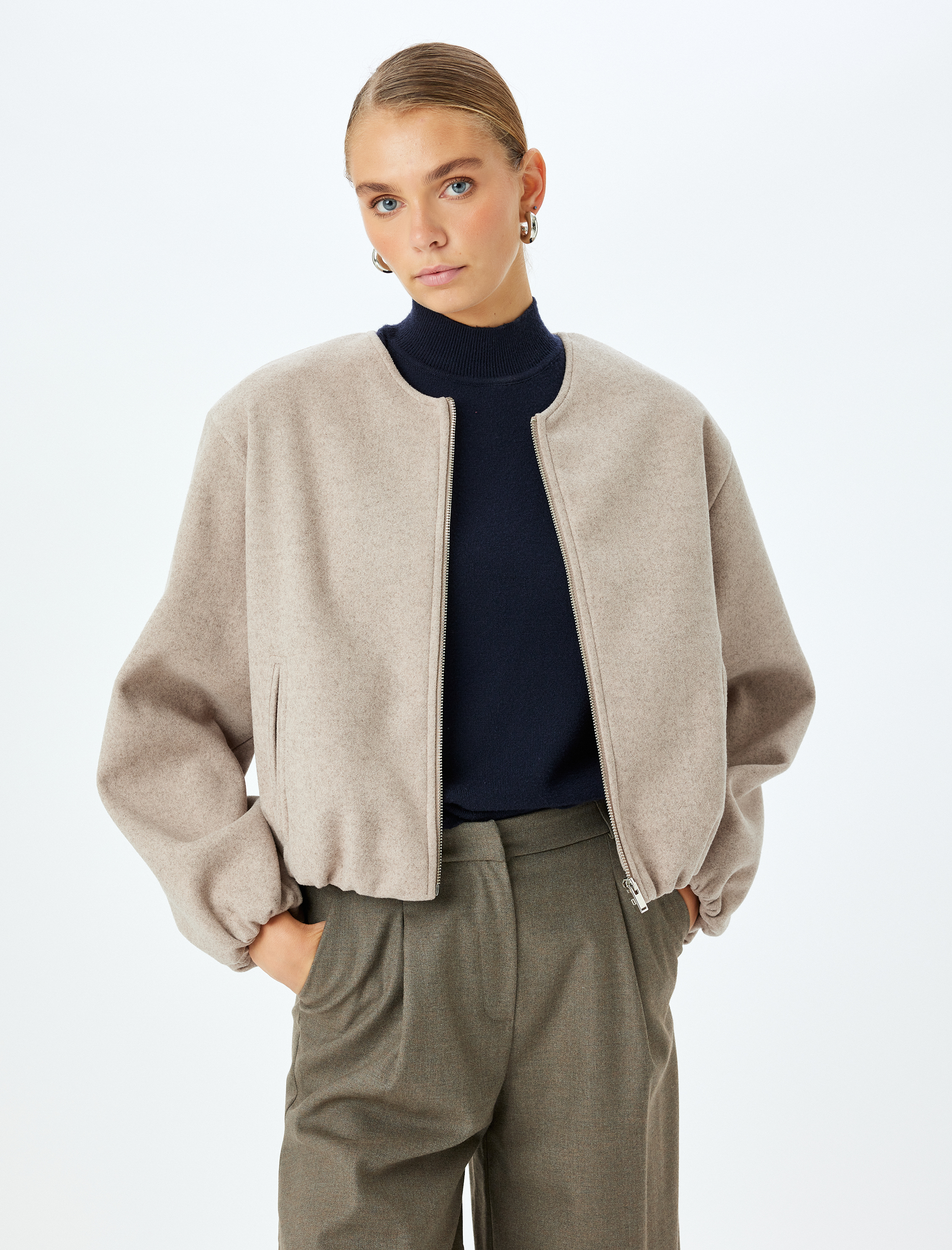   Crop Kolej Bomber Ceket Yuvarlak Yaka Fermuarlı