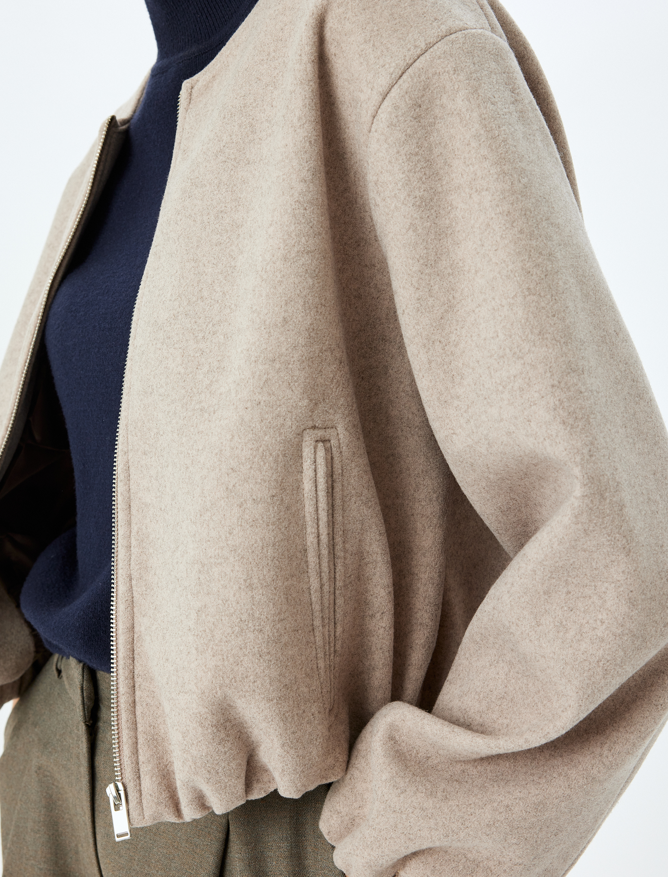   Crop Kolej Bomber Ceket Yuvarlak Yaka Fermuarlı