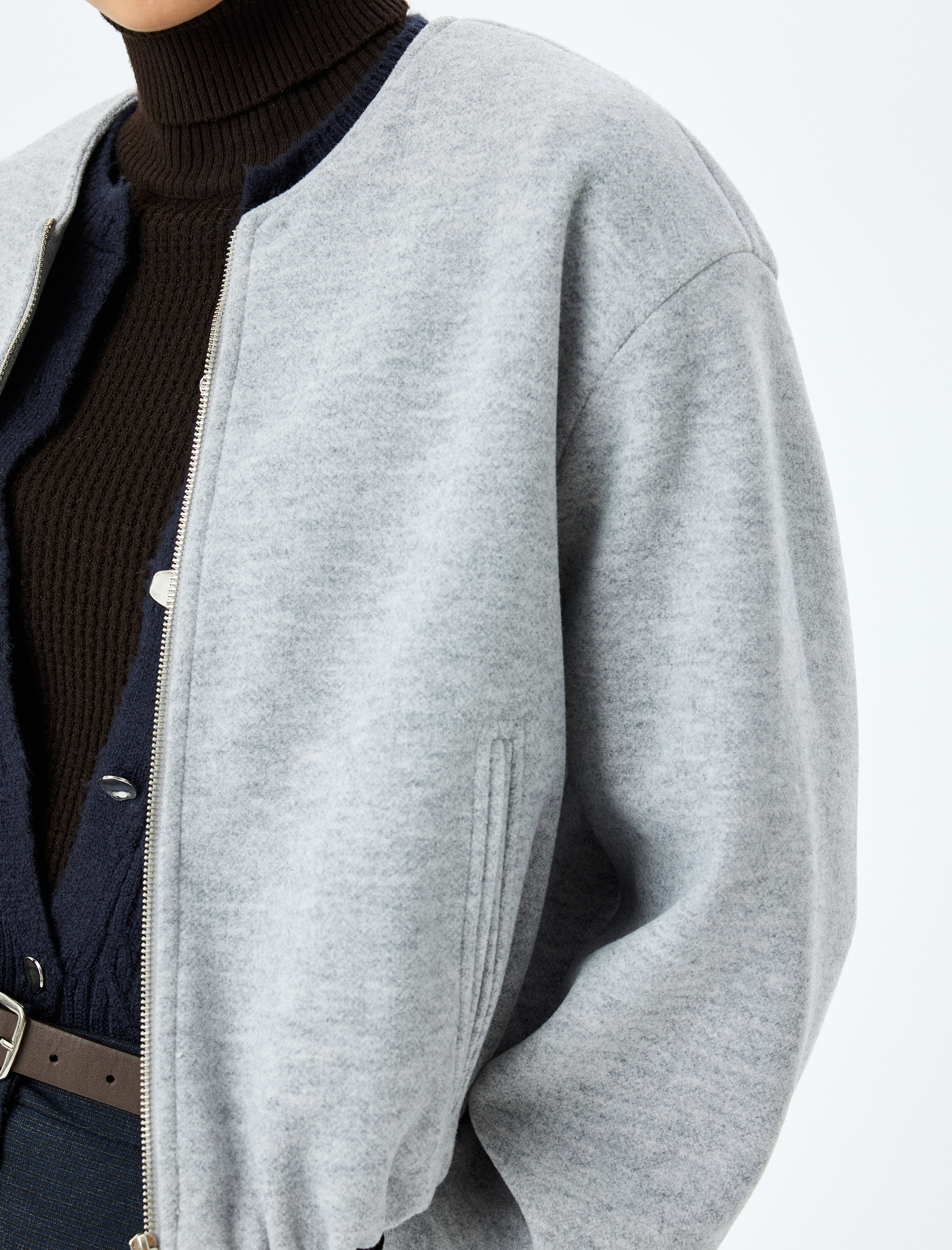 Crop Kolej Bomber Ceket Yuvarlak Yaka Fermuarlı