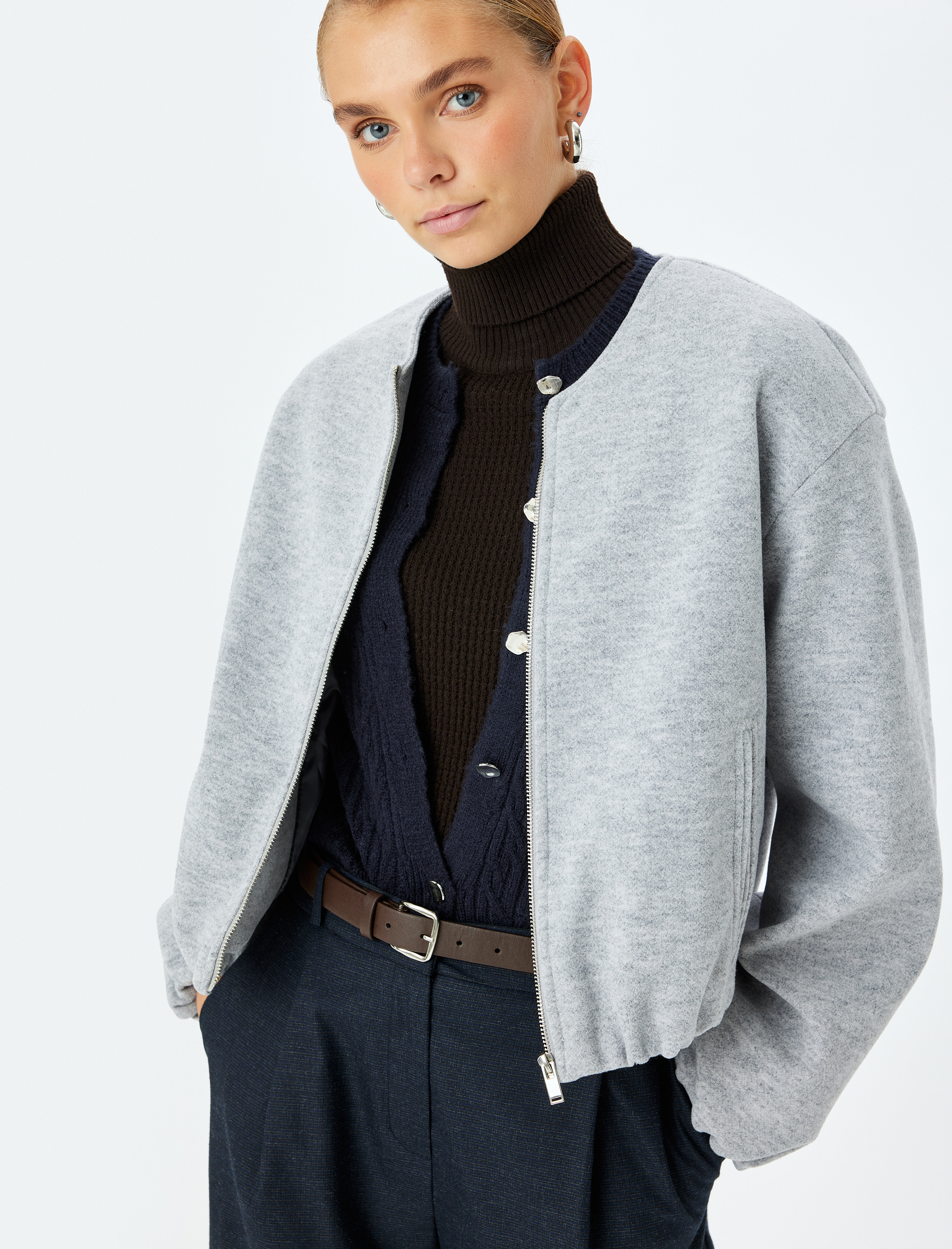 Crop Kolej Bomber Ceket Yuvarlak Yaka Fermuarlı