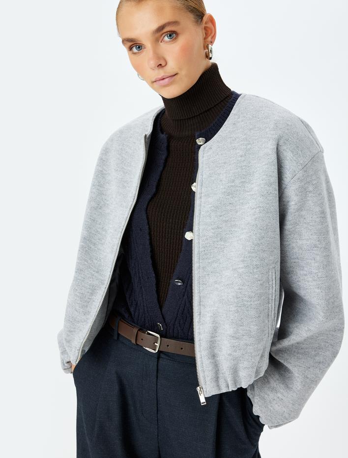  Crop Kolej Bomber Ceket Yuvarlak Yaka Fermuarlı