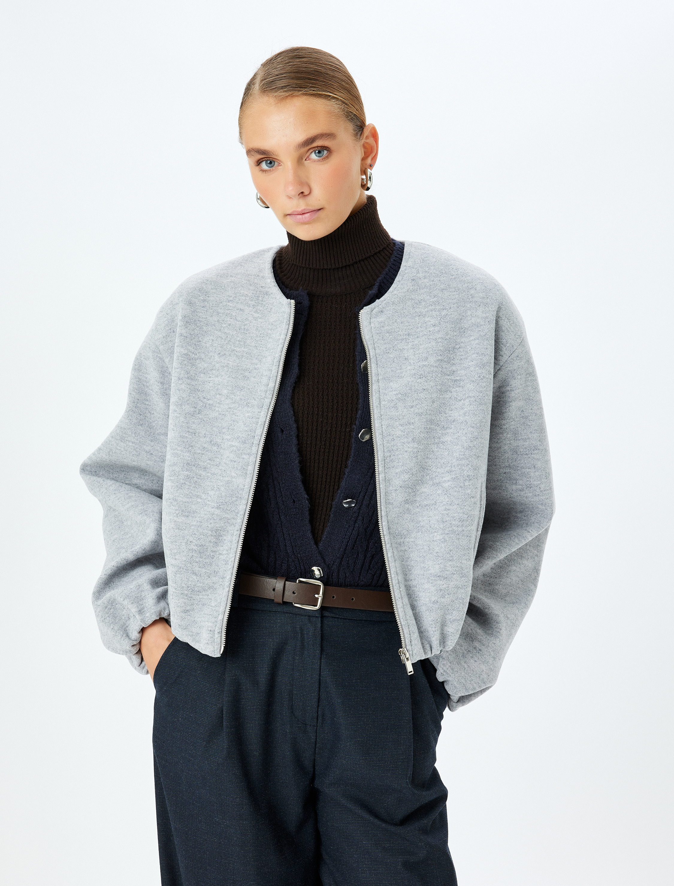 Crop Kolej Bomber Ceket Yuvarlak Yaka Fermuarlı