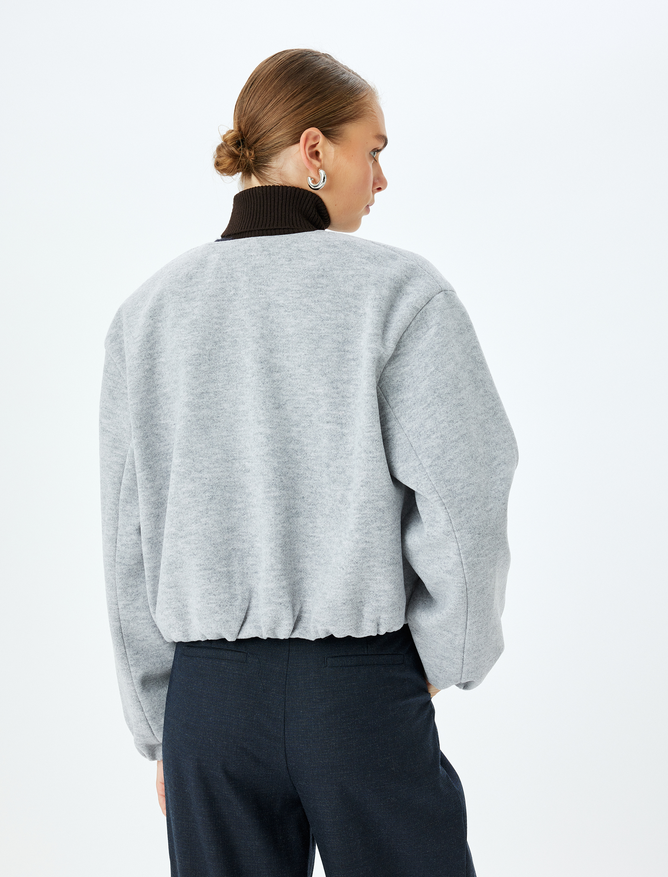 Crop Kolej Bomber Ceket Yuvarlak Yaka Fermuarlı