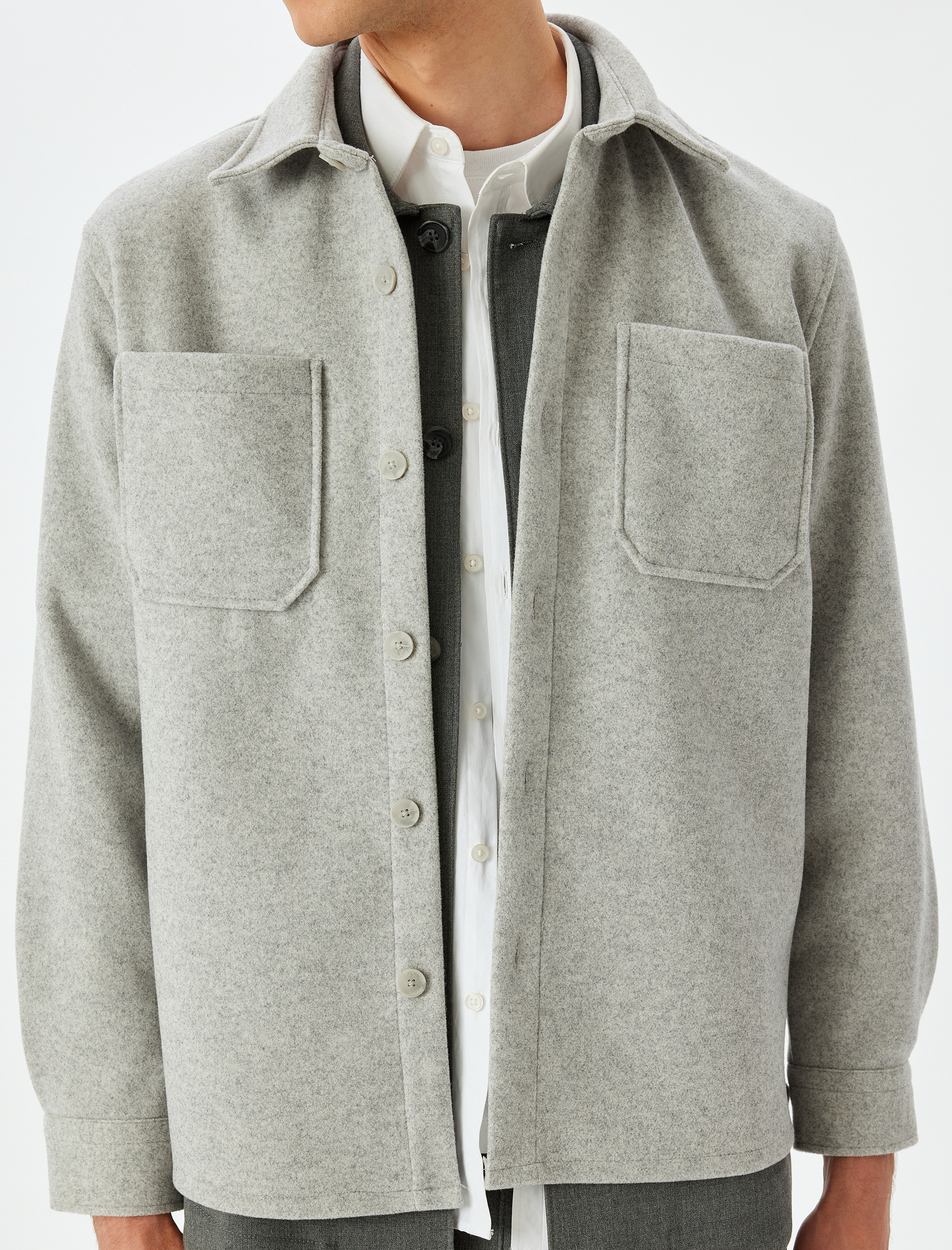 Viskon Karışımlı Regular Fit Cep Detaylı Uzun Kollu Kaşe Gömlek Ceket