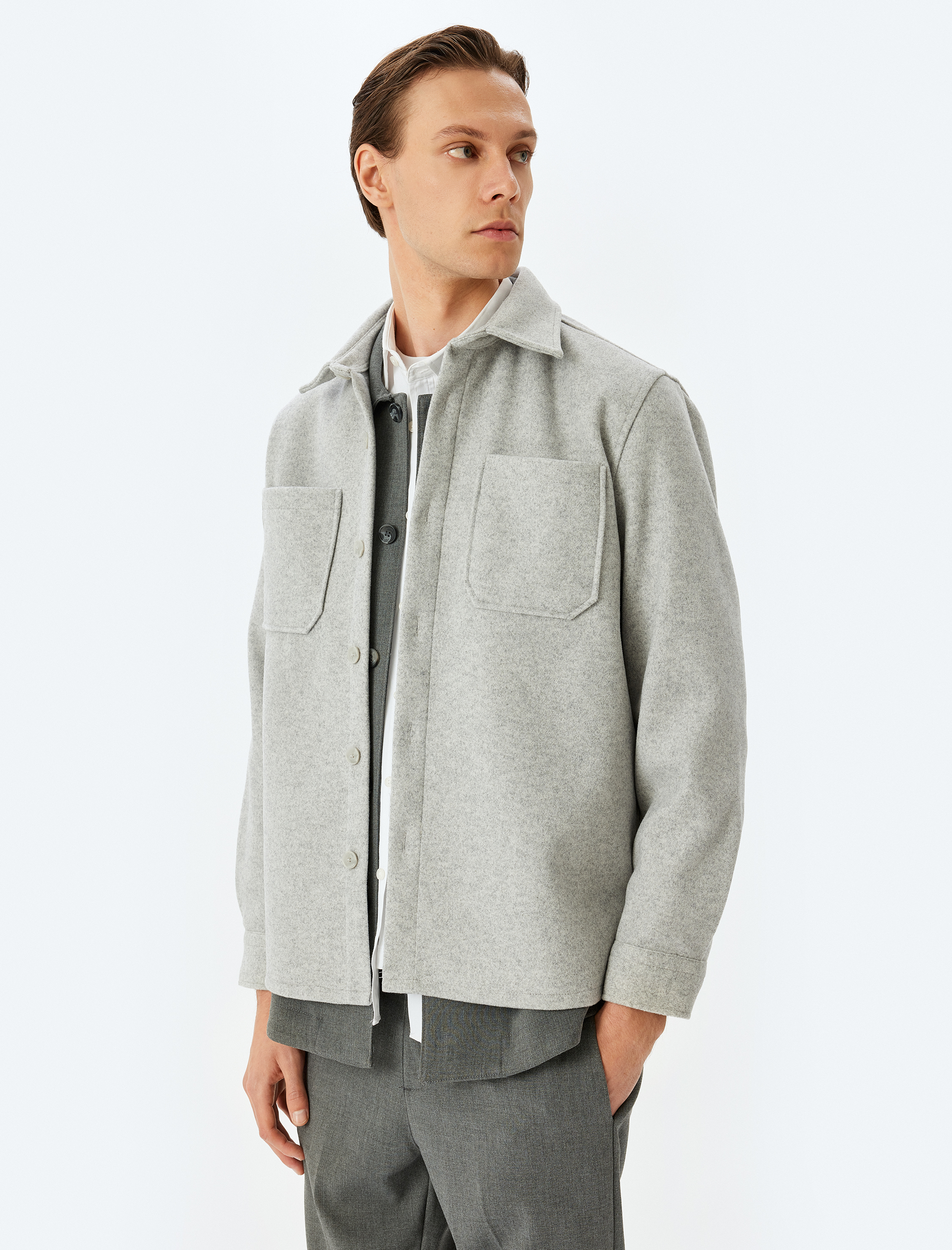 Viskon Karışımlı Regular Fit Cep Detaylı Uzun Kollu Kaşe Gömlek Ceket