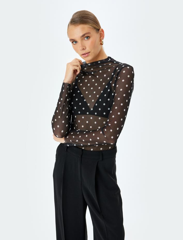  Puantiye Desenli Uzun Kollu Dik Yaka Transparan Tül Tişört