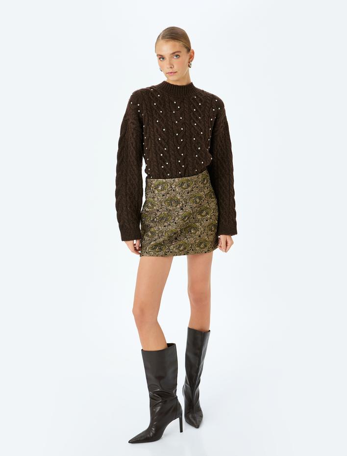  Koton X Melis Ağazat - Uzun Kollu Dik Yaka Taşlı Saç Örgü Oversize Kazak