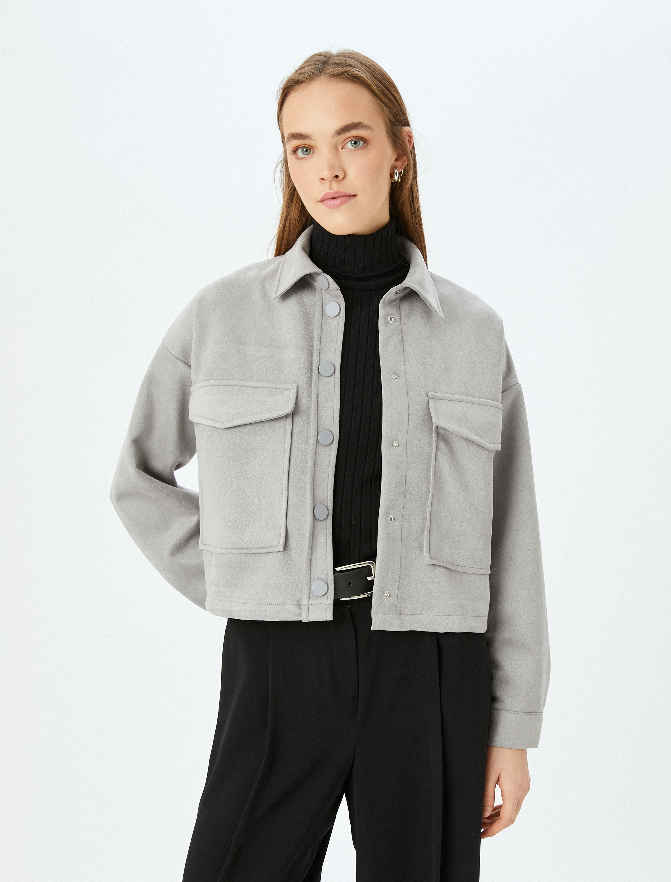   Süet Görünümlü Cep Detaylı Çıtçıt Düğmeli Oversize Shacket