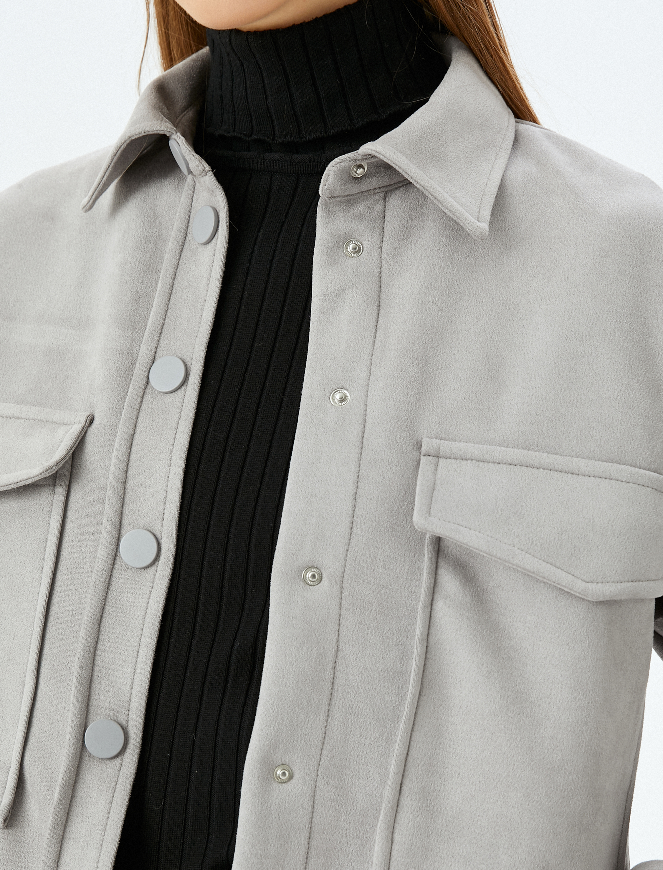   Süet Görünümlü Cep Detaylı Çıtçıt Düğmeli Oversize Shacket