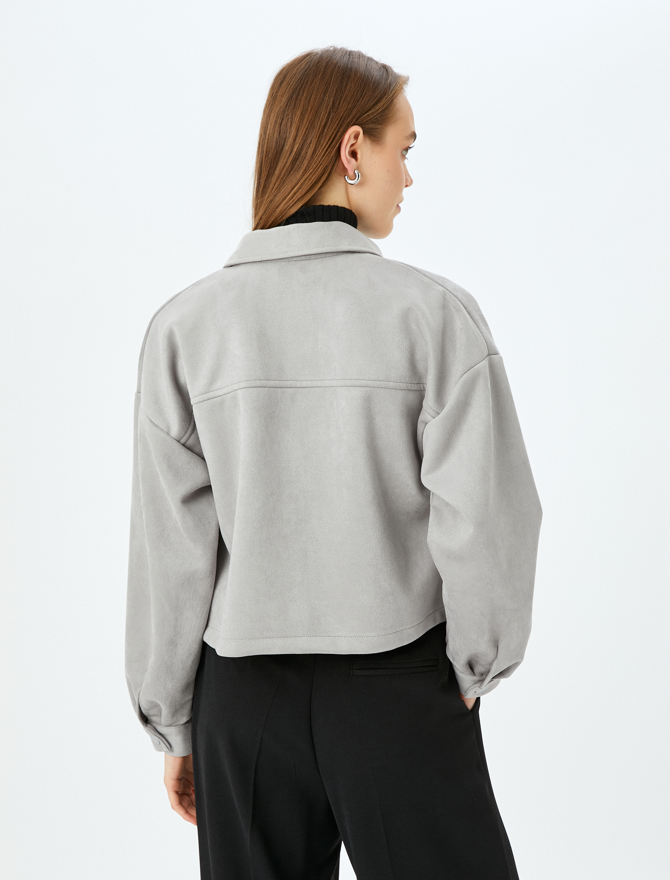   Süet Görünümlü Cep Detaylı Çıtçıt Düğmeli Oversize Shacket