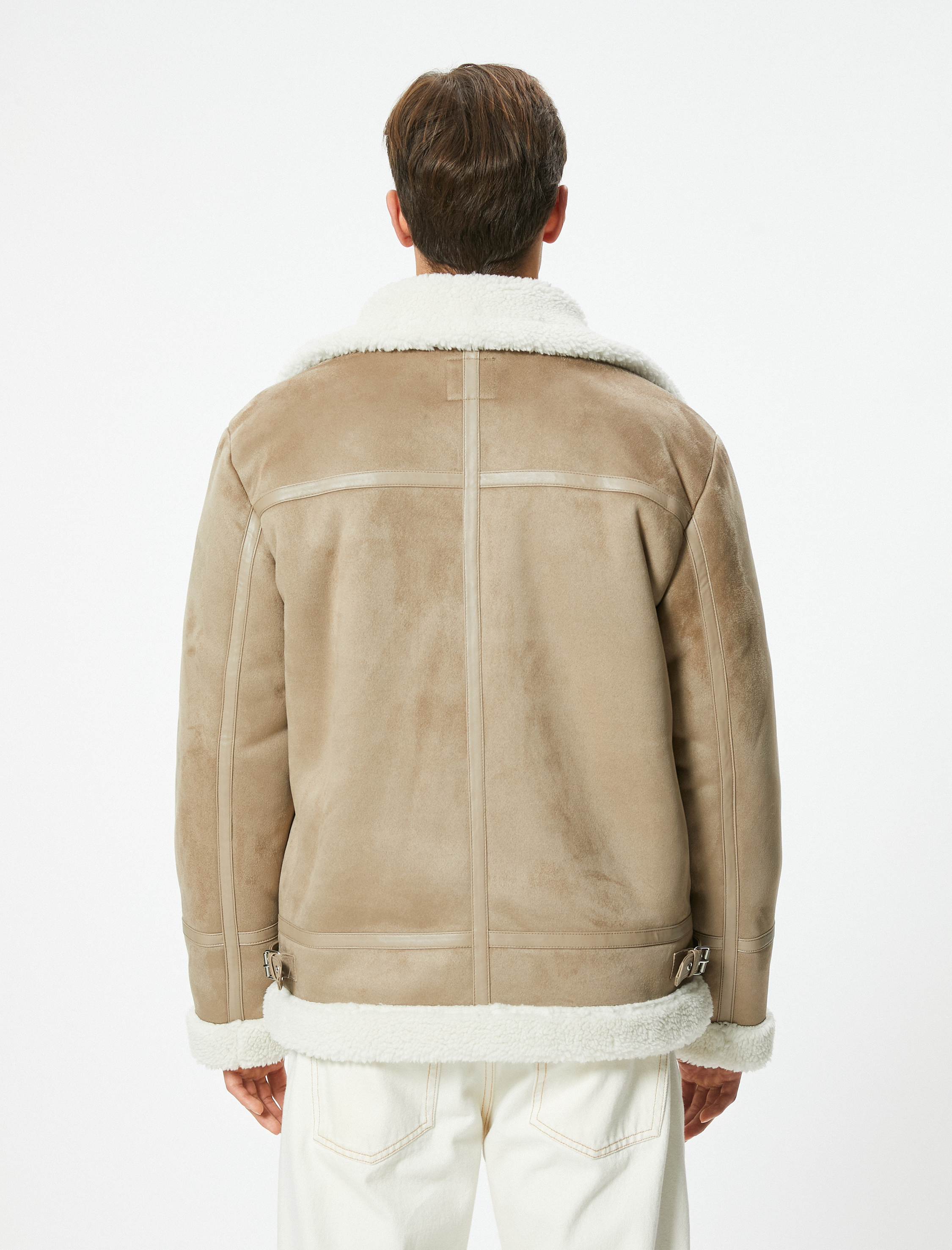   Süet Görünümlü Ceket Slim Fit İçi Peluş Fermuarlı Cep Detaylı