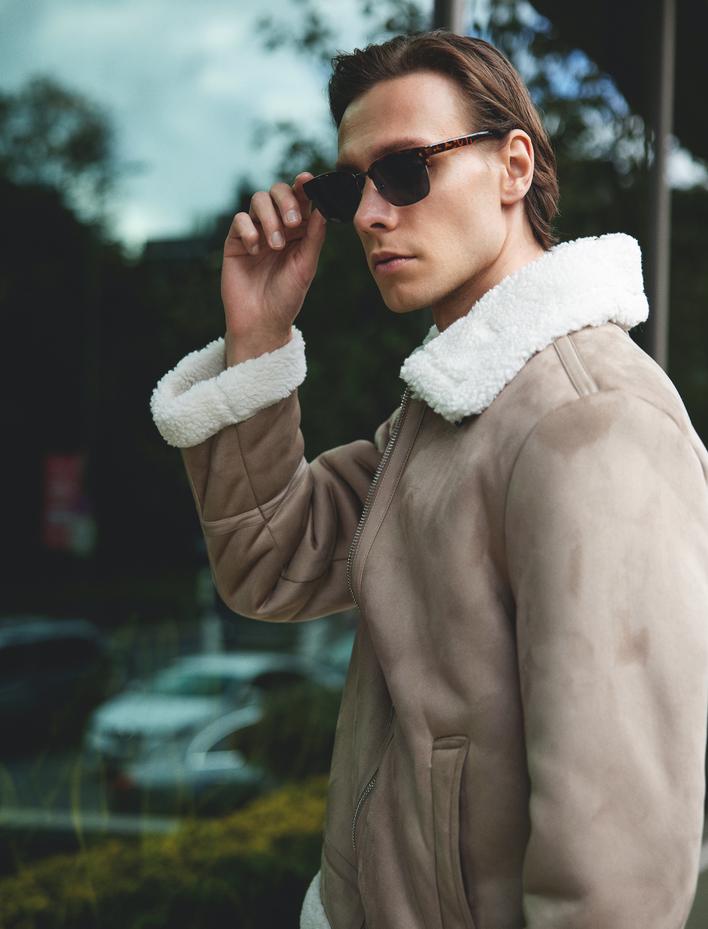  Süet Görünümlü Ceket Slim Fit İçi Peluş Fermuarlı Cep Detaylı