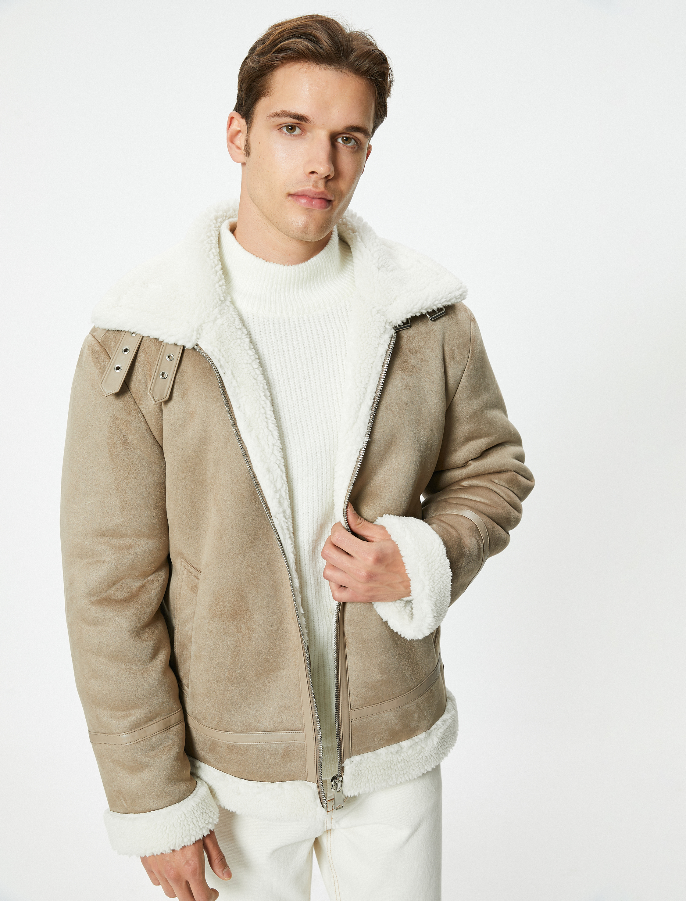   Süet Görünümlü Ceket Slim Fit İçi Peluş Fermuarlı Cep Detaylı