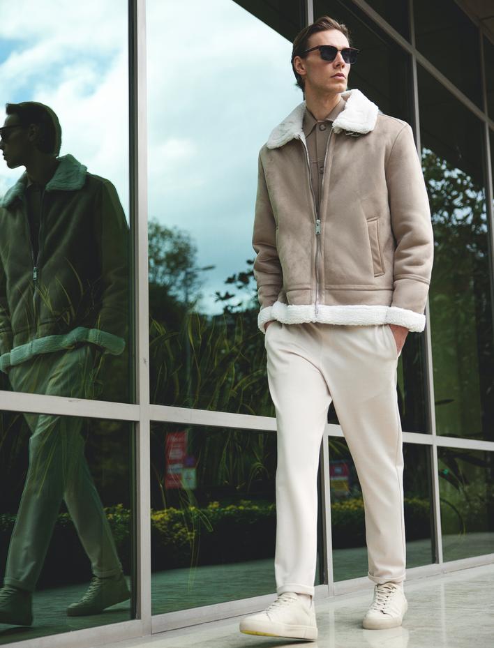  Süet Görünümlü Ceket Slim Fit İçi Peluş Fermuarlı Cep Detaylı