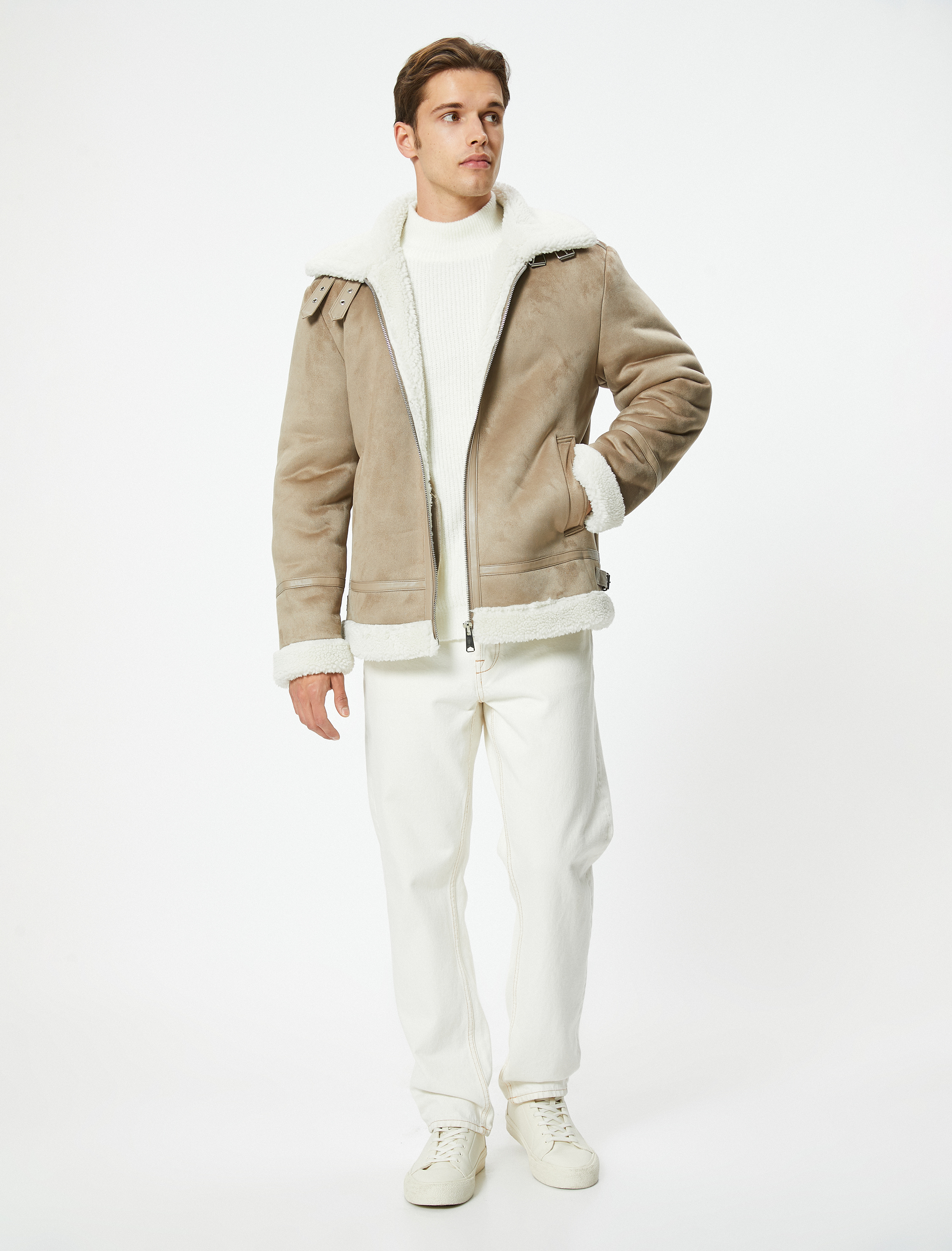   Süet Görünümlü Ceket Slim Fit İçi Peluş Fermuarlı Cep Detaylı