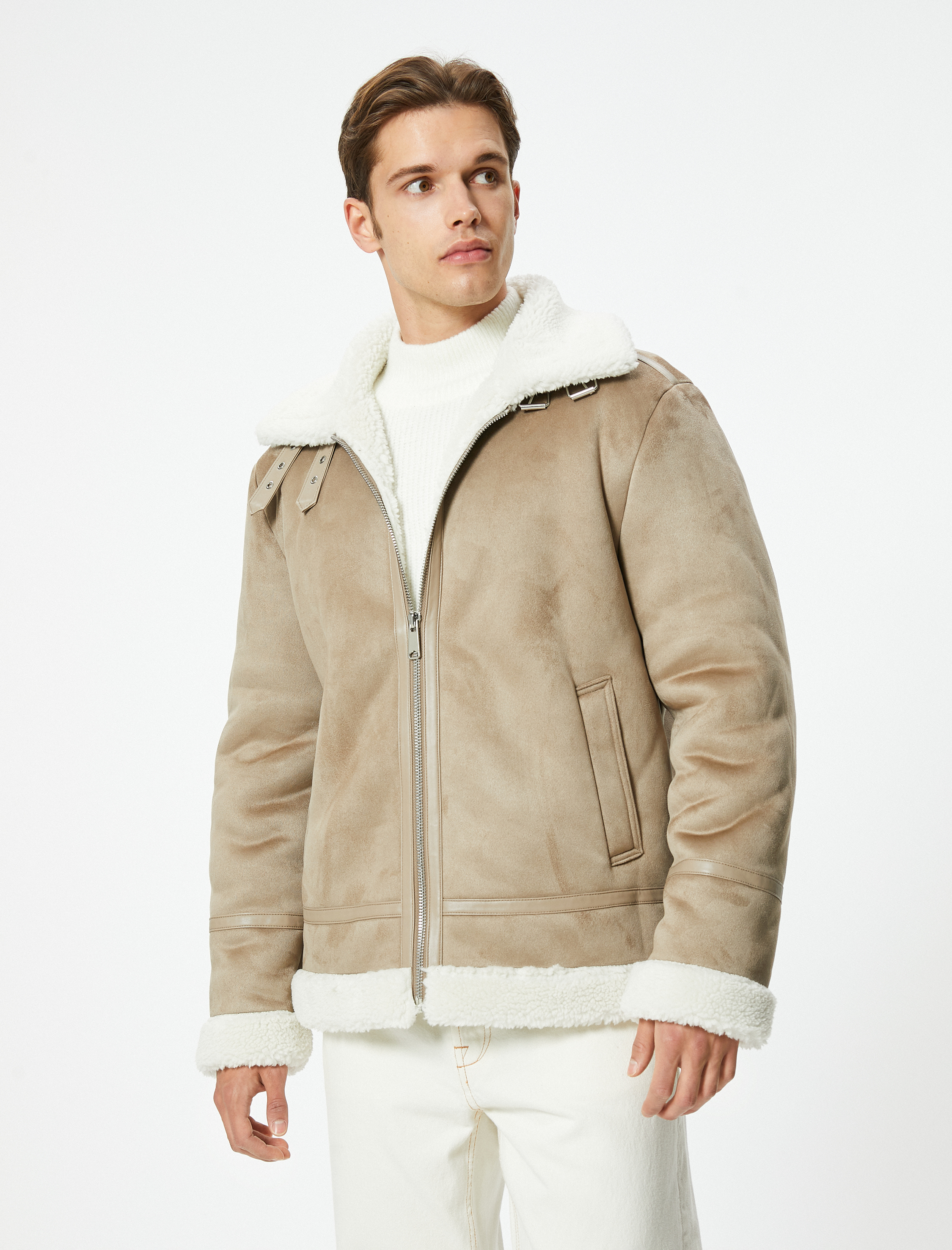   Süet Görünümlü Ceket Slim Fit İçi Peluş Fermuarlı Cep Detaylı